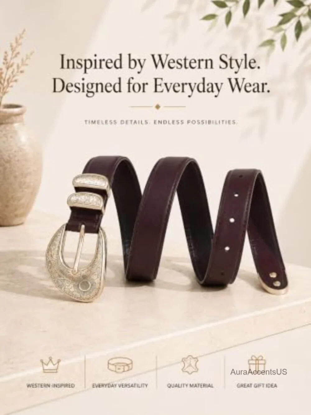 Women's Faux Leather Belt with Engraved Gold Buckle for Jeans & Dresses